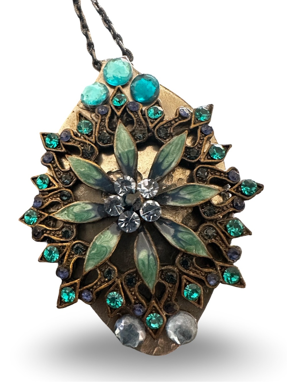 Antique-Style Green Floral Crystal Pendant Necklace